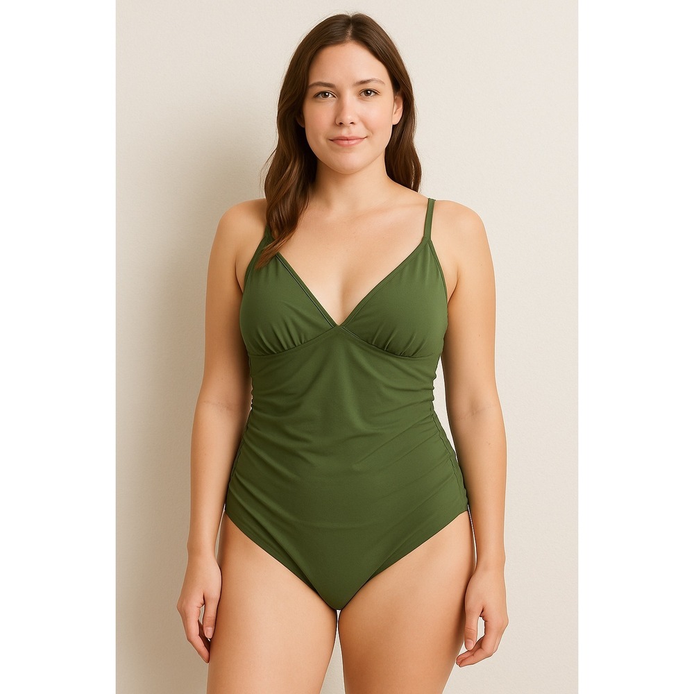 Womens Swimsuit Size L Green One Piece Ruched‎ Minimalist Beach Chic Resortwear